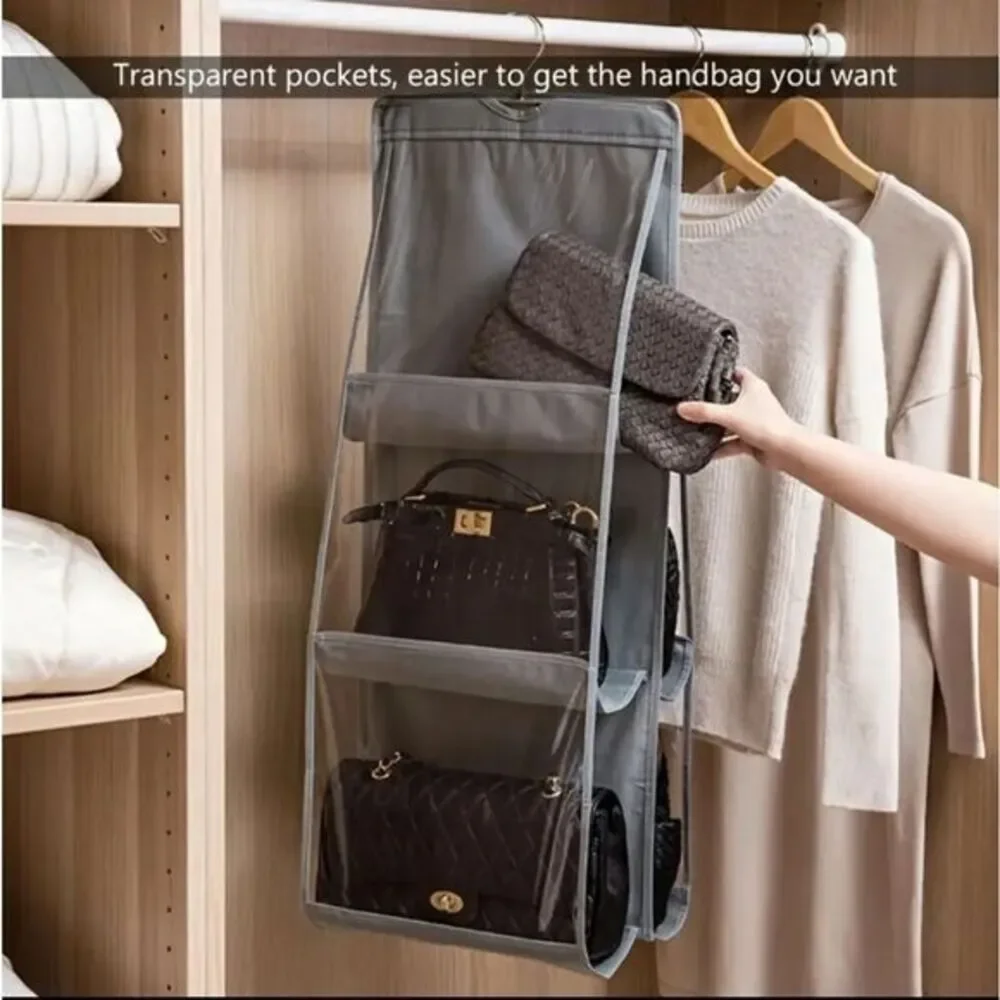 Hanging Purse‎ Hand Bag Organizer Storage, Gray Transparent Holds 6 Hang Bags